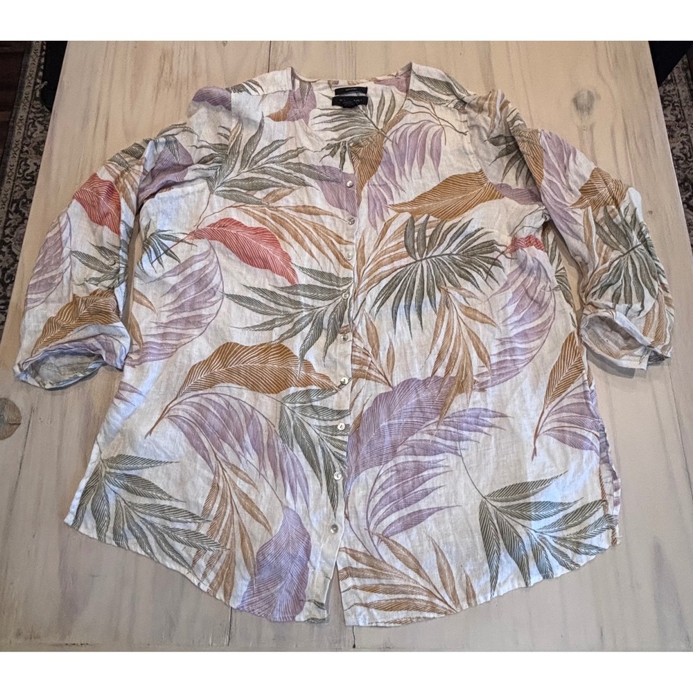 Tahari Womens 2X 100% Linen Tropical Leaf Print Roll Tab Sleeve Button Tunic Too